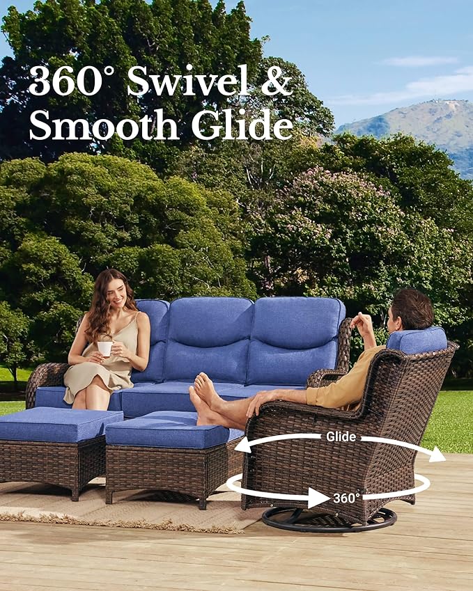 HILLGA Luxury Patio Furniture Set with 6-inch Thick Cushion, Outdoor Couch and High Back Swivel Rocker Patio Chairs, 11PCS Wicker Conversation Set for Deck Yard and Poolside, Blue (V2)