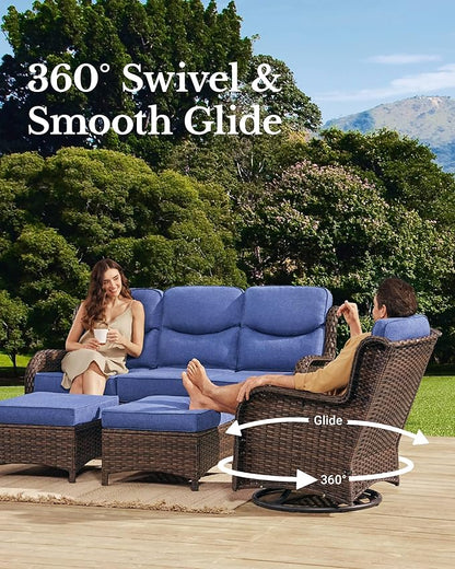 HILLGA Luxury Patio Furniture Set with 6-inch Thick Cushion, Outdoor Sectional Sofa and High Back Swivel Rocker Patio Chairs, 7PCS Wicker Conversation Set for Deck Yard and Poolside, Blue (V2)