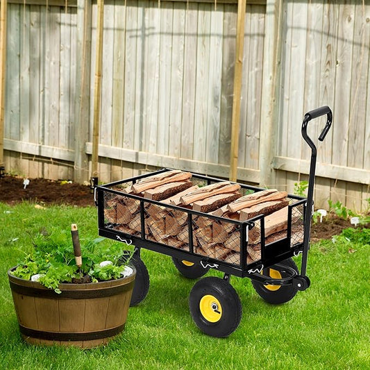 Heavy Duty Garden Cart On Wheels - 880LBS Metal Wagon with 10" Pneumatic Wheels, 180° Rotating Handle & Removable Sides - All-Terrain Yard Wagon for Farm, Beach & Outdoor Use