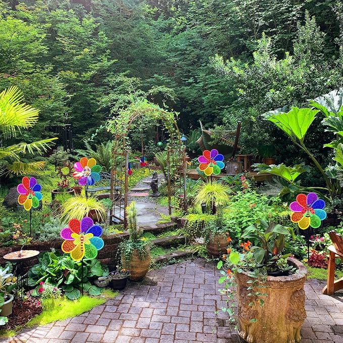 Outdoor Wind Spinners Yard Garden Decor 12in Shiny Pinwheel for Kids Rainbow Lawn Ornaments to Deter Animals (3 PCS)