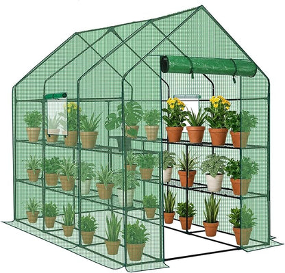 Outvita Walk-in Greenhouse, Outdoor Durable PE Plant Green House for Frost Protection with 3 Tiers 12 Shelves, Shelf Clips, Roll-up Zipper Door, 56"x85"x77" Green