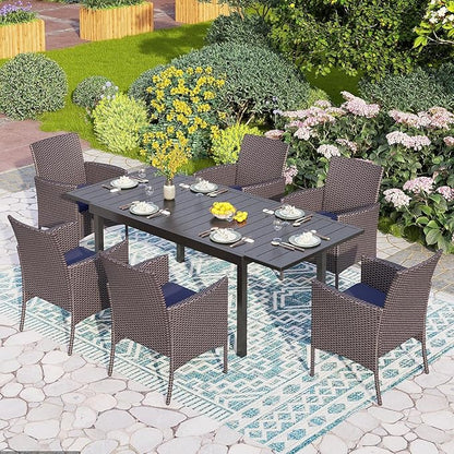 PHI VILLA 7 Pieces Outdoor Dining Set for 6, Expandable Rectangular Metal Table & Wicker Chairs with Cushions, Large Furniture Set for Patio, Deck, Yard, Porch