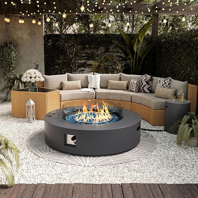 UPHA 42-inch Outdoor Propane Gas Fire Pit Table 50000 BTU Concrete Rectangle FirePit for Outside Patio with Propane Tank Cover, Wind Guad, Blue Glass Rocks, Rain Cover, Grey