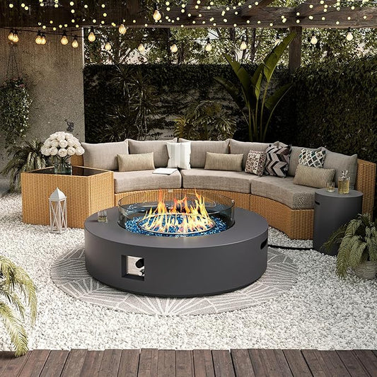 UPHA 42-inch Outdoor Propane Gas Fire Pit Table 50000 BTU Concrete Rectangle FirePit for Outside Patio with Propane Tank Cover, Wind Guad, Blue Glass Rocks, Rain Cover, Grey