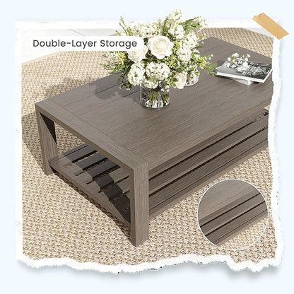 UDPATIO 4 Piece Faux Wood Aluminum Patio Furniture Set Modern Patio Conversation Set with Coffee Table for Balcony, Backyard, Deck, 600D Waterproof Furniture Cover Included, Dark Grey