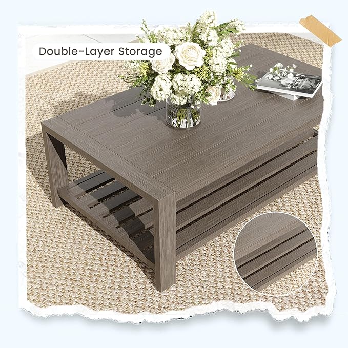 UDPATIO 4 Piece Faux Wood Aluminum Patio Furniture Set Modern Outdoor Furniture Patio Conversation Sets with Coffee Table for Balcony, Backyard, 600D Waterproof Cover Included, Light Grey