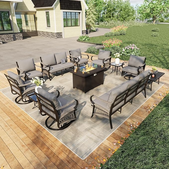 12 Pieces Patio Conversation Sets, All Weather Metal Outdoor Furniture Set, 3-Seater, 4 Swivel Rockers, 2 Single Chairs, 1 Loveseat, 2 Side Tables, 1 Coffee Table, 1 Fire Pit Table for Outside, Gray