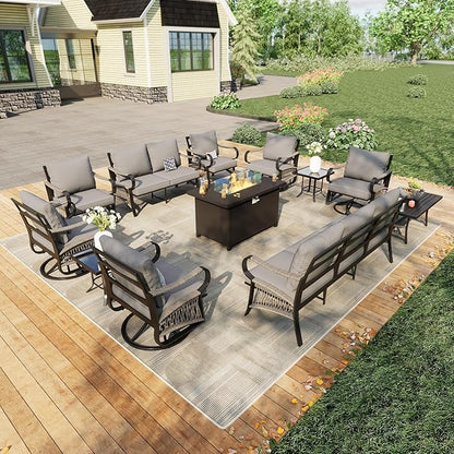 12 Pieces Patio Conversation Sets, All Weather Metal Outdoor Furniture Set, 3-Seater, 4 Swivel Rockers, 2 Single Chairs, 1 Loveseat, 2 Side Tables, 1 Coffee Table, 1 Fire Pit Table for Outside, Gray