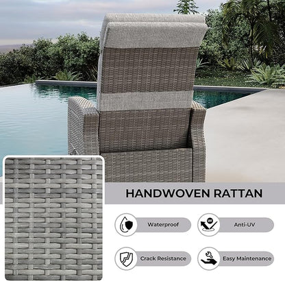 Indoor Outdoor Wicker Recliner Chair with Flip-Up Table Air Pump 155° Lay Flat, Adjustable Wicker Lounge Recliner Chair with Independently Backrest and Footrest Set of 2
