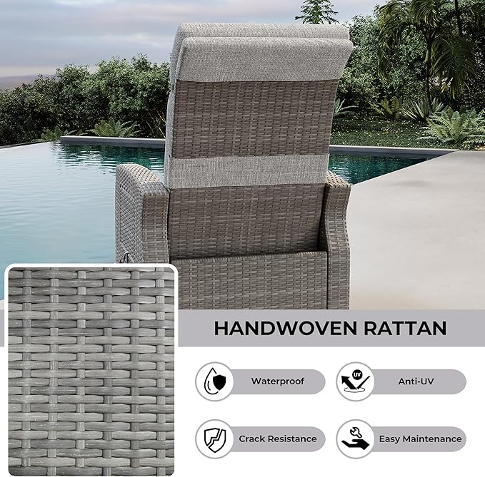 Indoor Outdoor Wicker Recliner Chair with Flip-Up Table Air Pump 155° Lay Flat, Adjustable Wicker Lounge Recliner Chair with Independently Backrest and Footrest