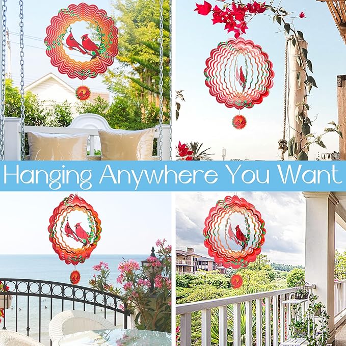 Cardinal Wind Spinners Garden Yard Decor Gift for Women Men, 12 Inch Outdoor Metal 3D Wind Spinner, Stainless Steel Hanging Wind Catchers Kinetic Sculpture for Outside Decoration