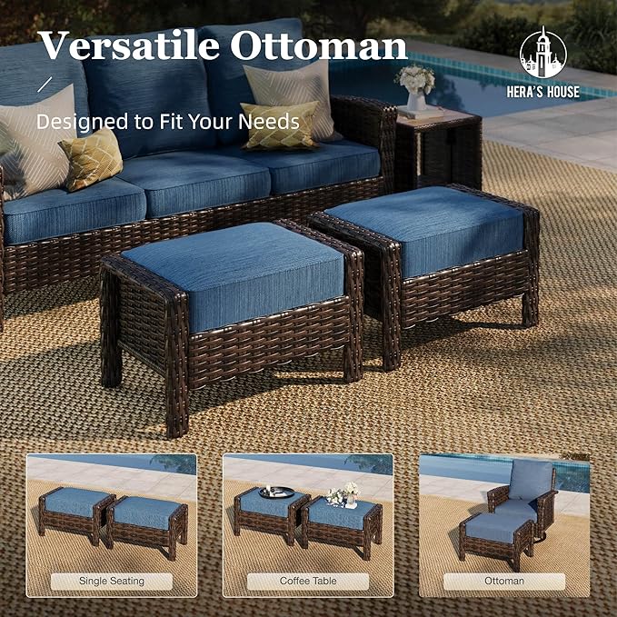 HERA'S HOUSE Wicker Patio Furniture Set, High Back Swivel Chairs with 5.5-Inch Thick Cushions, 6-Piece Outdoor Deep Seating Conversation Sets with Fire Pit Table & Ottomans for Deck Yard Garden, Blue