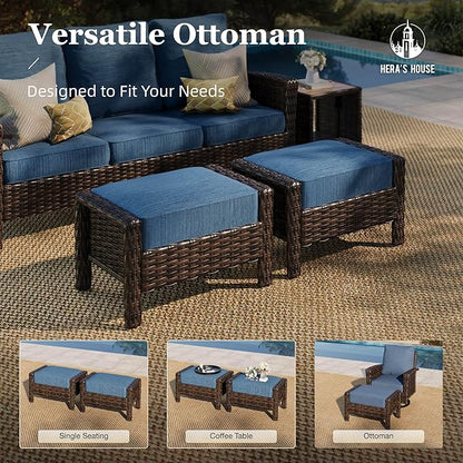HERA'S HOUSE Wicker Patio Furniture Set, High Back Swivel Chairs with 5.5-Inch Thick Cushions, 6-Piece Outdoor Deep Seating Conversation Sets with Fire Pit Table & Ottomans for Deck Yard Garden, Blue
