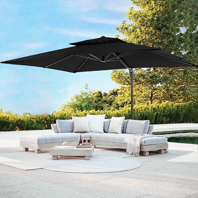 JZAC & QZYD 10 X 13 FT Cantilever Patio Umbrella with Base Included Outdoor Rectangle Offset Large Heavy Duty Double Top Umbrellas with 360° Rotation for Deck Backyard Garden, Black