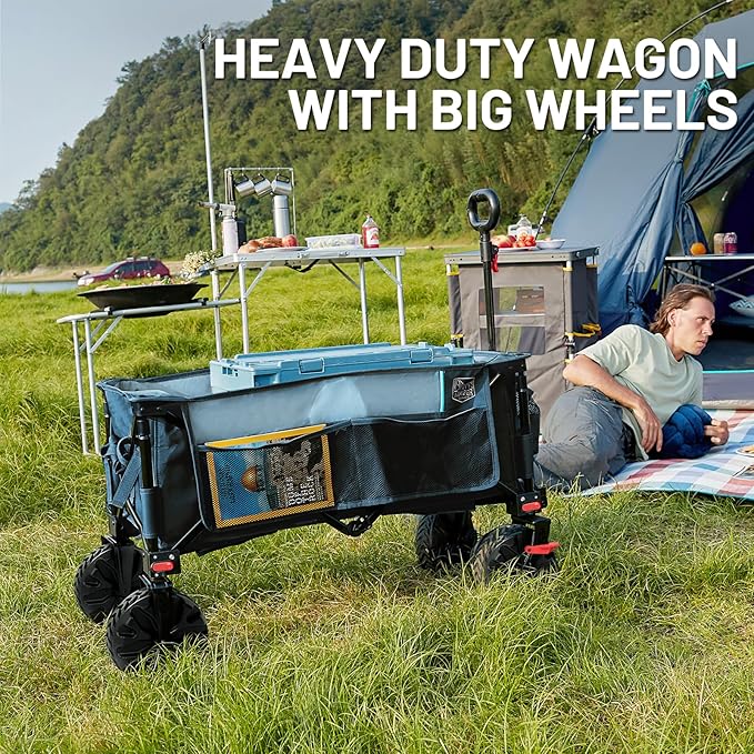 Timber Ridge Outdoor Collapsible Wagon with Brakes Utility Folding Cart Heavy Duty All Terrain Wheels for Shopping Camping Garden with Side Bag and Cup Holders, Blue