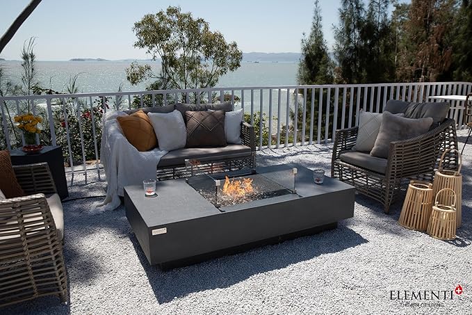 Elementi+ | Monte Carlo Gas Fire Pit Cast Concrete 60" Rectangular Fire Table, Outdoor Fire Pit Electronic Ignition | Canvas Cover, Fire Glass and Burner Lid Included | Light Gray | Propane Gas