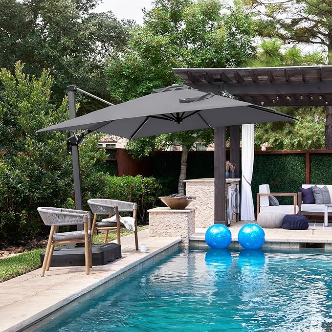 PURPLE LEAF 8' X 8' Patio Umbrella with Base for Pool 7' High Offset Outdoor Cantilever Umbrella Swimming Pool Umbrella with 360°Rotation for Poolside Light Grey