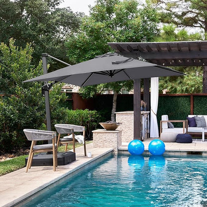 PURPLE LEAF 8' X 8' Patio Umbrella with Base for Pool 7' High Offset Outdoor Cantilever Umbrella Swimming Pool Umbrella with 360°Rotation for Poolside Light Grey
