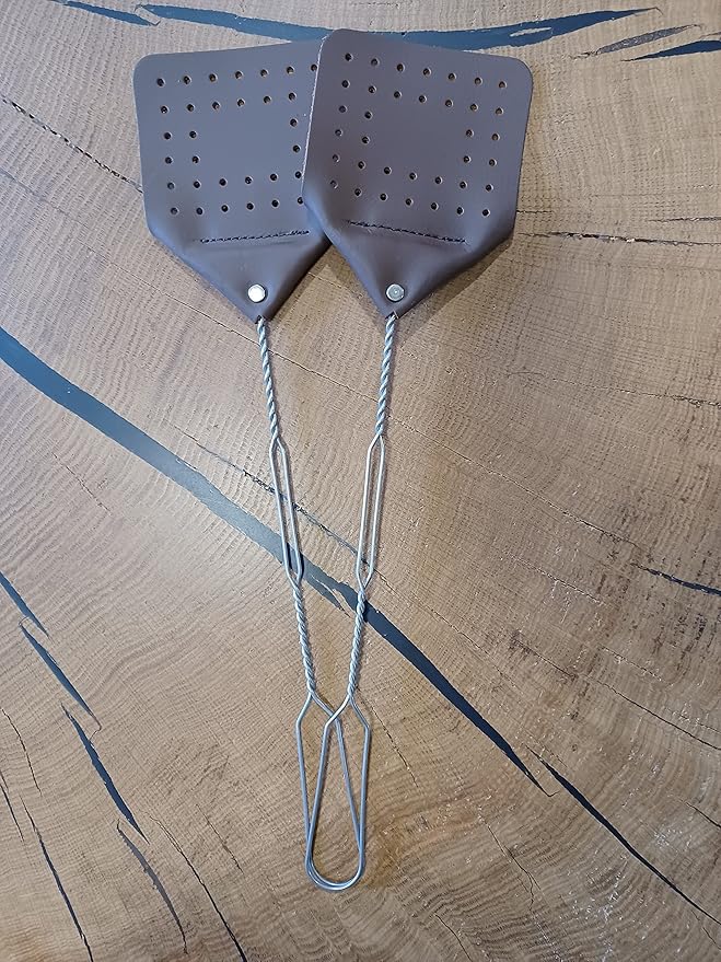 Leather Fly Swatter Set (2 Pack) – 17” Amish-Made Fly Swat w/Real Leather Paddle – Fly Swatters Multi Pack w/Metal Handle – Bug Swatter, Mosquito Swatter, Wasp Swatter (Chocolate)