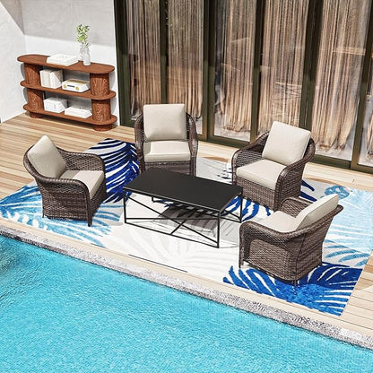 5 Pieces Outdoor Patio Conversation Furniture Set with Removable Covers, All-Weather PE Rattan, 4 Steel Frame Wicker Chairs with Cushions, 47" Metal Coffee Table for Yard (Beige)