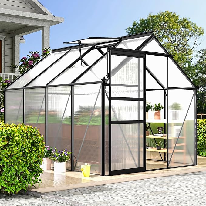 DWVO 6x8FT Polycarbonate Greenhouse Heavy Duty Green Houses Outdoor Aluminum Greenhouses with Sliding Doors Vent Window Walk-in Greenhouse Large Sun House for Garden Backyard, Matte Black
