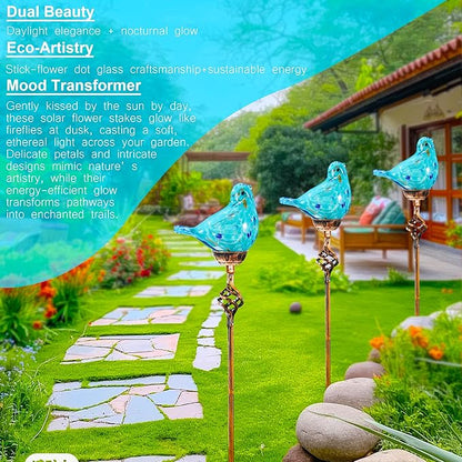 Decorative Solar Lights, Outdoor Solar Bird Stake Lights, Hand Blown Glass Decorative Garden Pathway Lights Outdoor Waterproof Glass Stakes (Light Blue)