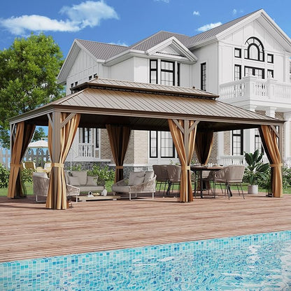 12'x22' Hardtop Gazebo Outdoor Aluminum Patio Gazebo Double Roof Galvanized Steel Canopy with Netting and Curtains,for Garden, Backyard,Deck and Lawns