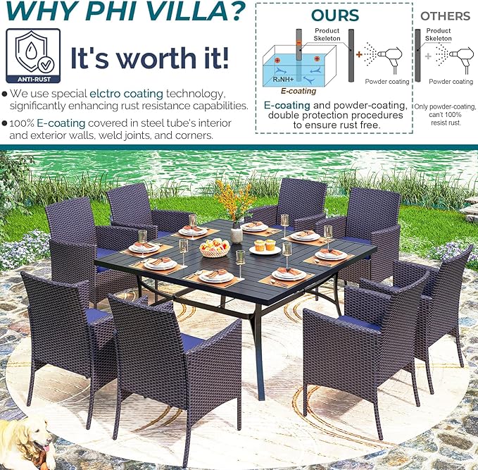 PHI VILLA 9 Pieces Square Outdoor Dining Set for 8, 60” Metal Iron Dining Table & Rattan Wicker Chairs with Cushions, Large Dining Furniture Set for Patio, Deck, Yard, Porch
