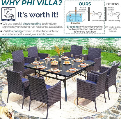 PHI VILLA 9 Pieces Square Outdoor Dining Set for 8, 60” Metal Iron Dining Table & Rattan Wicker Chairs with Cushions, Large Dining Furniture Set for Patio, Deck, Yard, Porch