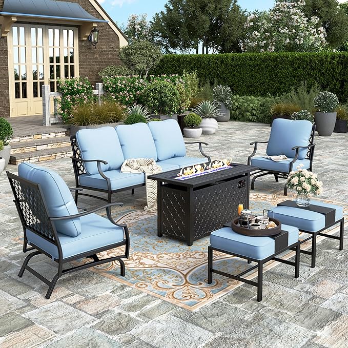 HERA'S HOUSE 6 Pieces Patio Furniture Set with Fire Pit Table, 2 x Rocking Chair, 2 x Ottoman, 3-Seat Sofa with 45" Fire Pit Table, Outdoor Conversation Set for Garden, Poolside, Backyard, Blue