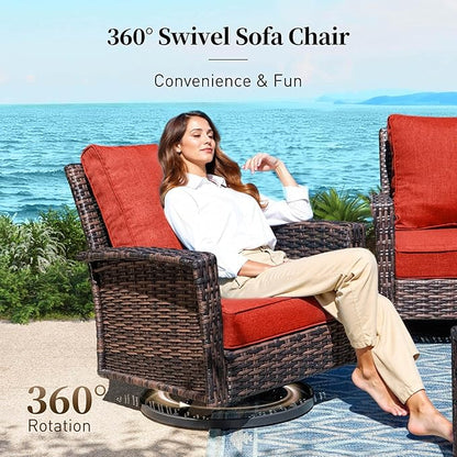 Patio Furniture Set with Swivel Chairs, High Back Wicker Rattan Furniture with 5.5" Thick Cushions, Fire Pit Table and Ottomans, All Weather Outdoor Conversation Set for Backyard Deck,9 Seats, Red
