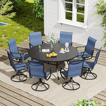 VICLLAX 9 Pieces Outdoor Dining Set, Patio Furniture Set of 8 Patio Swivel Dining Chairs and 60" Patio Round Table, Navy Blue Chairs & Black Tabletop