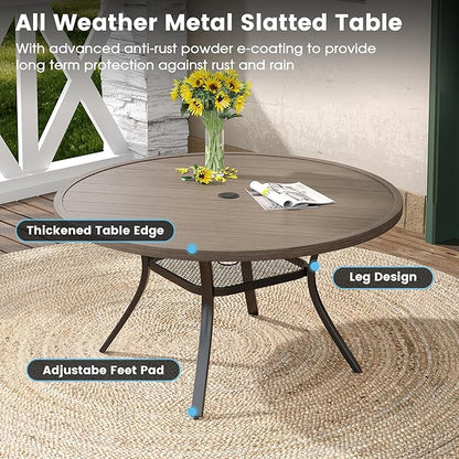 DIFY 7 Pieces Outdoor Patio Dining Set, 6 Sandshell Textilene Swivel Dining Chairs and 47.2" Grey Wood-Like Round Dining Table, Metal Outdoor Table and Chairs