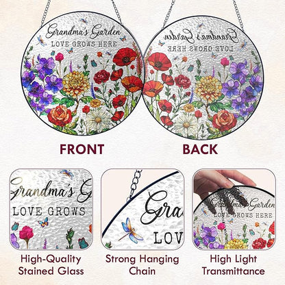 FLAGWIX Grandma Christmas Birthday Gifts - Grandmas Garden Stained Glass Window Hanging with Base 10 in - Birthday Gift for Grandma, Grandparents Day Gifts for Nana Gigi, Sun Catchers Indoor Window