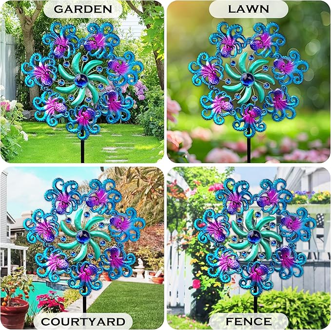 48" Octopus Wind Spinners for Yard and Garden,Ocean Theme Outdoor Decor with Metal Stake Yard Spinners,Wind Sculpture Decorations for Patio,Lawn & Garden