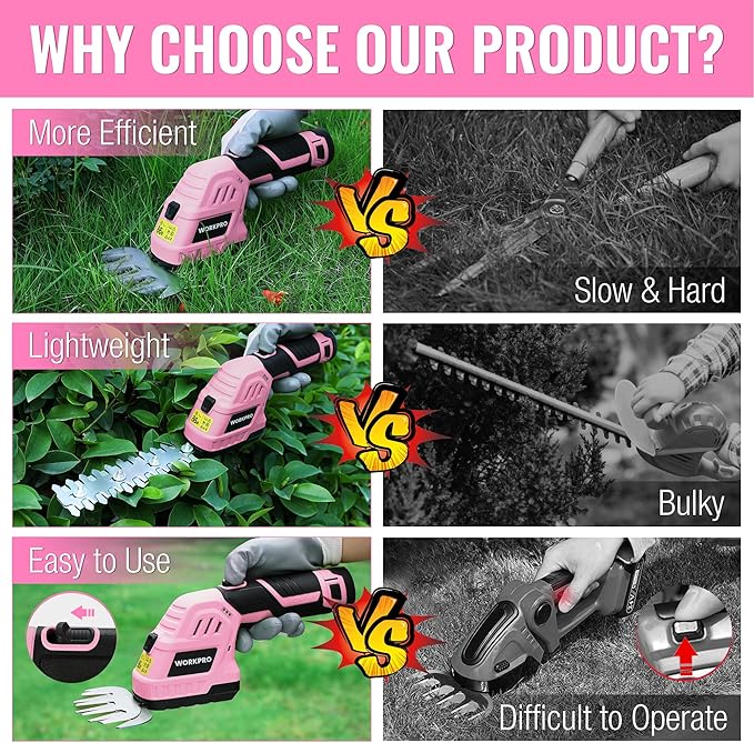 WORKPRO 12V Cordless Grass Shear & Shrubbery Trimmer - 2 in 1 Handheld Hedge Trimmer, Electric Bush Trimmer/Grass Cutter with 2.0Ah Rechargeable Lithium-Ion Battery &1 Hour Fast Charger, Pink Ribbon