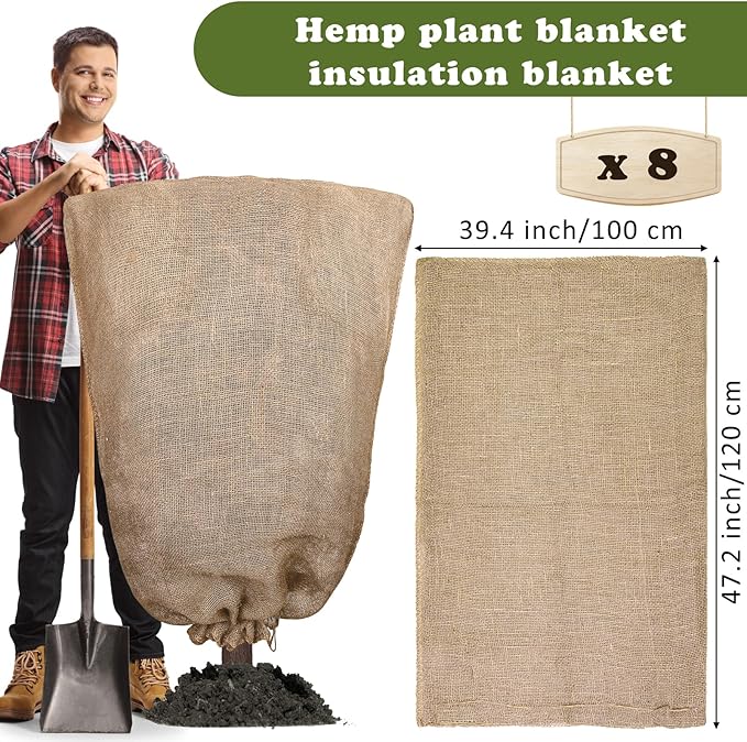 8 Packs Winter Burlap Plant Covers Bags 39.4 x 47.2 Inch Large Burlap Sack Plant Blanket with Drawstring Reusable Warm Plant Frost Cloth Cold Freeze Blanket for Outdoor Fruit Tree Potted Plants