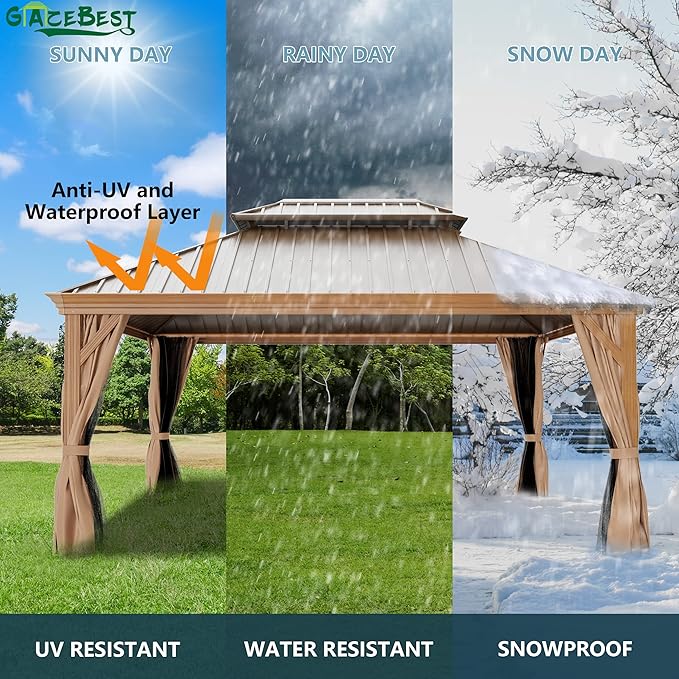 12' X 16' Hardtop Gazebo, Outdoor Aluminum Patio Gazebo Double Roof Galvanized Steel Wooden Finish Coated Canopy with Netting and Curtains for Garden, Patio, Backyard, Deck and Lawns.