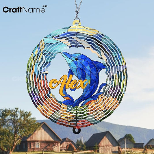 Personalized Dolphin Wind Spinner 3D Stainless Steel, Dolphin Garden Spinner Hanging Outdoor Decor, Wind Spinners Outdoor, Custom Gift for Grandmother, Mom, Wife