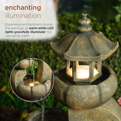 Alpine Corporation WIN1688 32" 2-Layer Pagoda Polystone Fountain with LED Lights, Cascading Waterfall, Outdoor Garden and Patio Water Feature, Zen Décor, Relaxing Sound, Brown