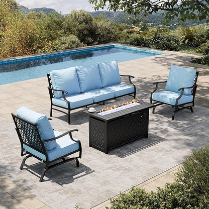 HERA'S HOUSE 4 Pieces Patio Furniture Set with Fire Pit Table, 2 x Rocking Chair, 3-Seat Sofa with 45" Fire Pit Table, Outdoor Conversation Set for Garden, Poolside, Backyard, Blue
