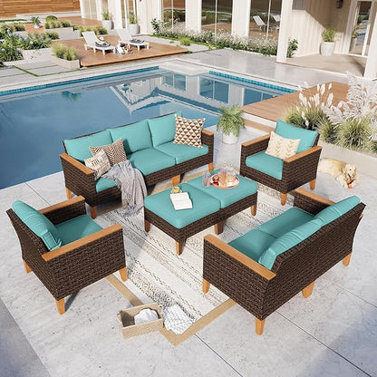 GREEN PARTY 9 Pieces Wicker Patio Furniture Set, All-Weather Outdoor Rattan Patio Sectional Sofa Conversation Set 9 Seats with 4" Thick Cushions for Garden, Backyard, 2 x Ottomans (Blue)