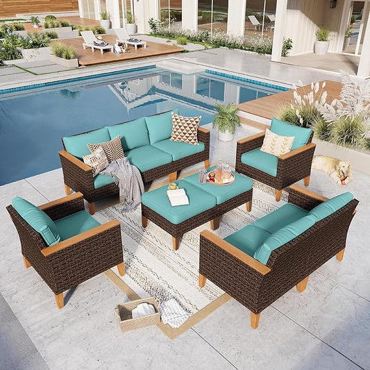 GREEN PARTY 9 Pieces Wicker Patio Furniture Set, All-Weather Outdoor Rattan Patio Sectional Sofa Conversation Set 9 Seats with 4" Thick Cushions for Garden, Backyard, 2 x Ottomans (Blue)