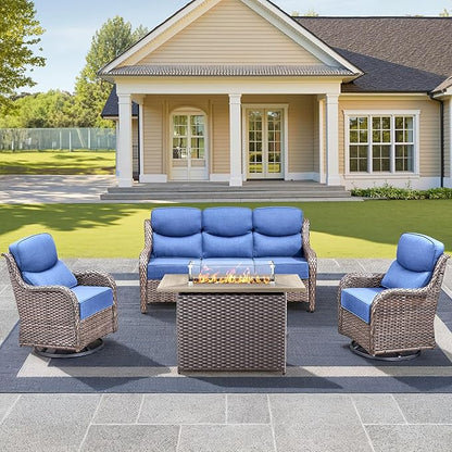 Luxury High Back Outdoor Furniture 6-Inch Thick Cushions with 50,000 BTU Gas Propane Fire Pit Tablet, Patio Furniture Set with Swivel Chairs, for Porch, Balcony, Deck and Yard