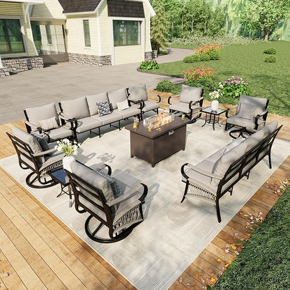 11 Pieces Outdoor Patio Conversation Sets with All Weather Cushions, Metal 2 Three-Seater, 4 Swivel Rockers, 2 Single Chairs, 2 Side Tables, 1 Fire Pit Table for Backyard Deck Porch Poolside, Beige