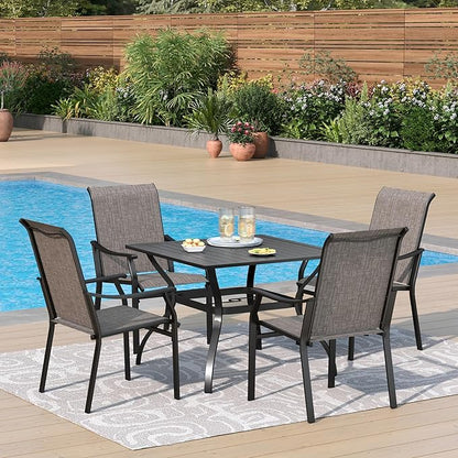 PHI VILLA 5 pcs Patio Dining Table and Chairs, 4 Outdoor Dining Chairs and Metal Square Table,with Sling Fabric and Sturdy Frame,Black Frame with E-Coating,Sling Outdoor Furniture