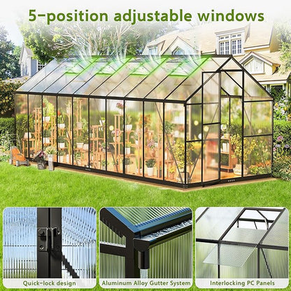 Wanan 20x8FT Greenhouses for Outdoors, Quick Assembly Polycarbonate Green House with UV Protection, Heavy Duty Windproof Aluminum Frame, Adjustable Roof Vent for Backyard or Outdoor Garden Use