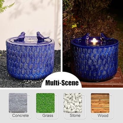 Glitzhome 14.75”H Outdoor Ceramic Garden Water Fountain with LED Lights and Pump, Two Birds Embossed Leaf Pattern Patio Fountain Floor Standing Bird Bath Fountains for Porch Deck Backyard, Cobalt Blue