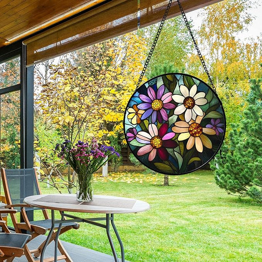 Stained Glass Window Hanging - Colorful Daisies Suncatcher for Door Garden Patio Retro Flower Sun Catchers Decor Christmas Mother's Day Birthday Gifts for Women Mom Nana Aunt Friend 6.3 in
