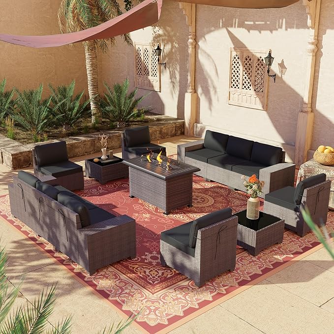 Outdoor Patio Furniture Set with Propane Fire Pit Table, 13 Pieces Outdoor Furniture Patio Sectional Sofa Conversation Sets w/ETL Approved 43" Gas Outdoor Fire Table & Coffee Table(Black)